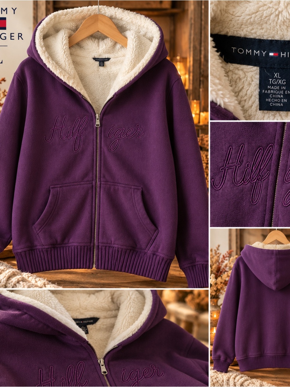 Title: Tommy Hilfiger Purple Sherpa Lined Zip Hoodie XL – Like New